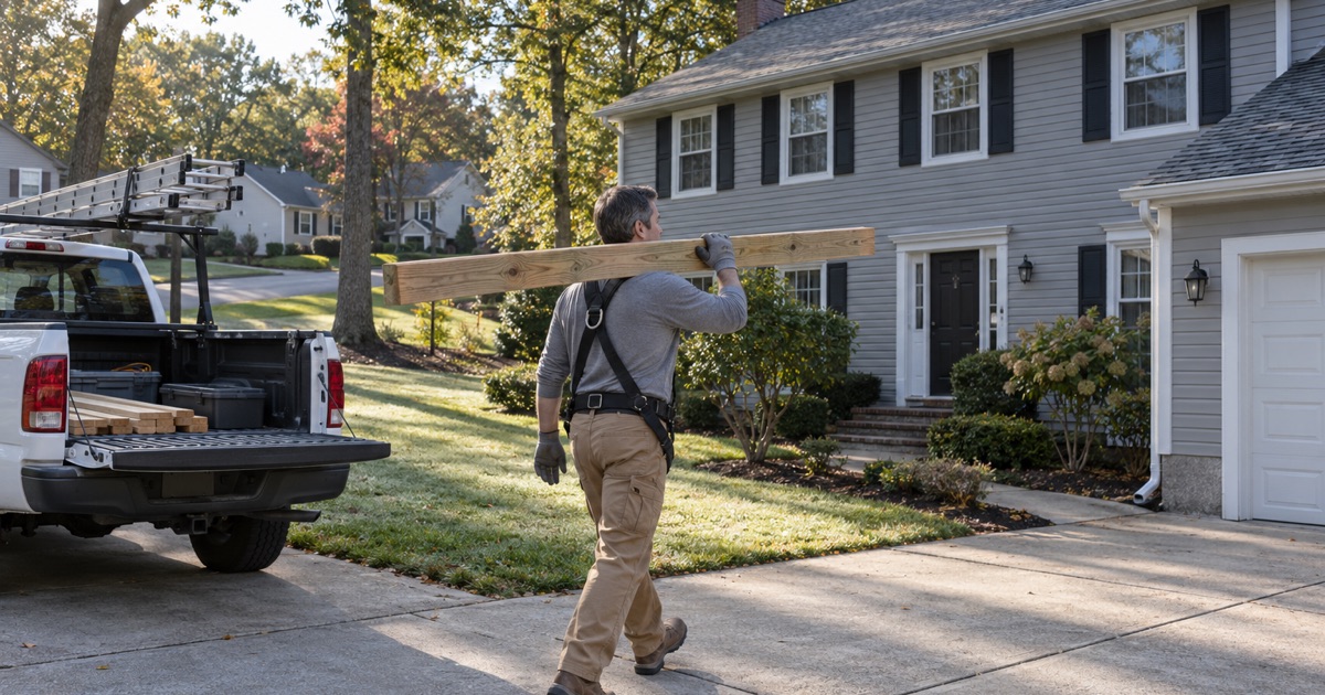 A roofer carrying a toe board plank up a Parsippany driveway beside a plain white work pickup at the start of a job.