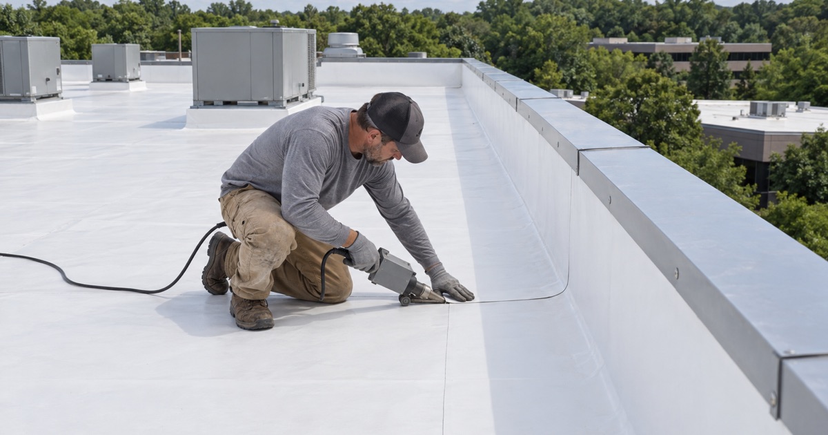 A hot-air welder sealing a TPO membrane seam on the roof of an office building in Parsippany’s office corridor.