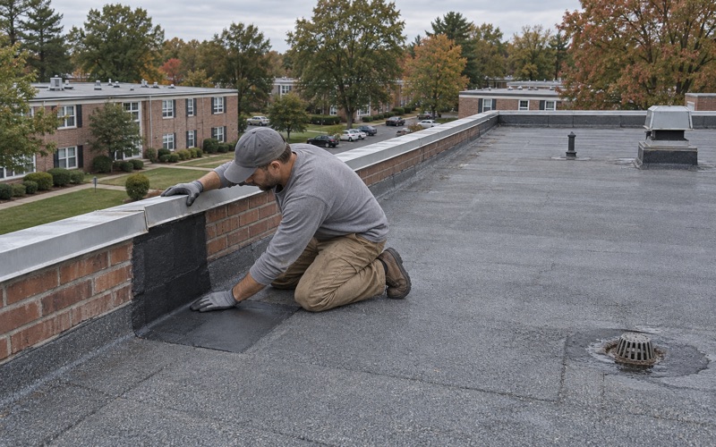 A modified bitumen patch at the parapet of a Parsippany garden apartment building's flat roof, the coping pressed back.