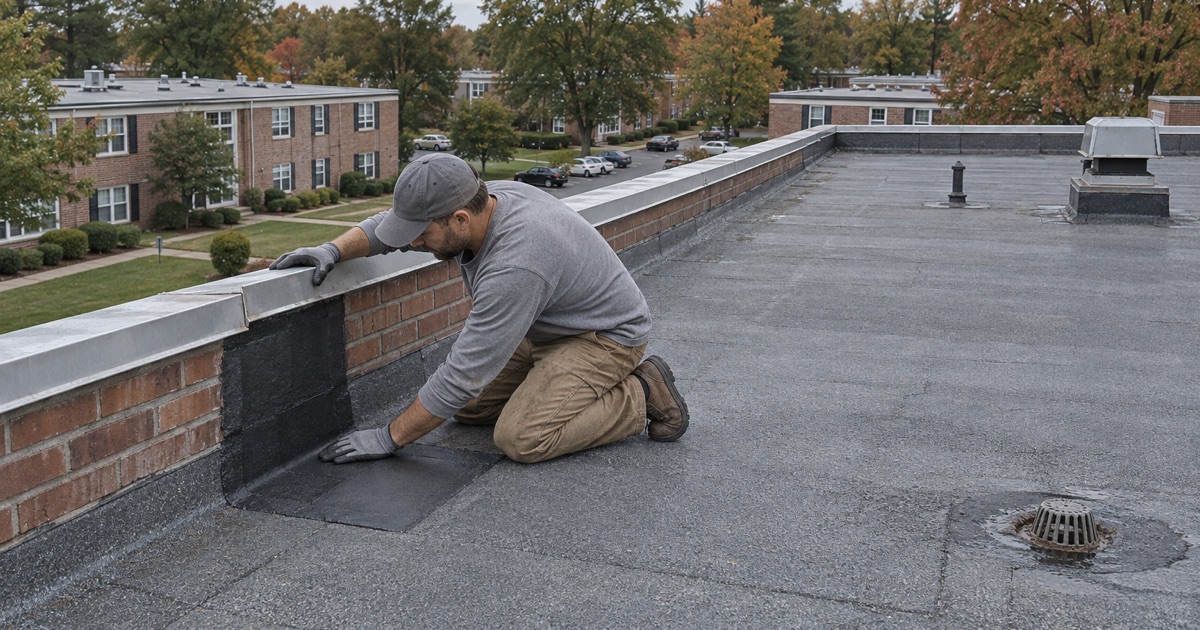 A modified bitumen patch at the parapet of a Parsippany garden apartment building’s flat roof, the coping pressed back.
