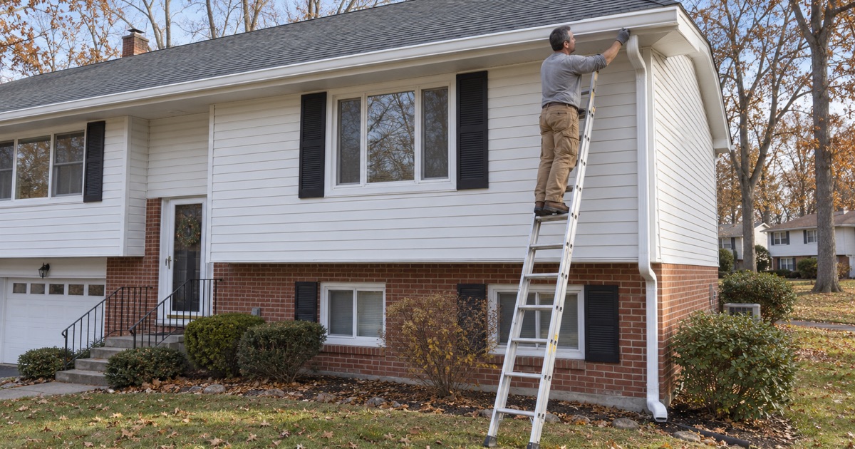 A new seamless gutter guided onto its hidden hangers along the eave of a Parsippany bi-level from a ladder.