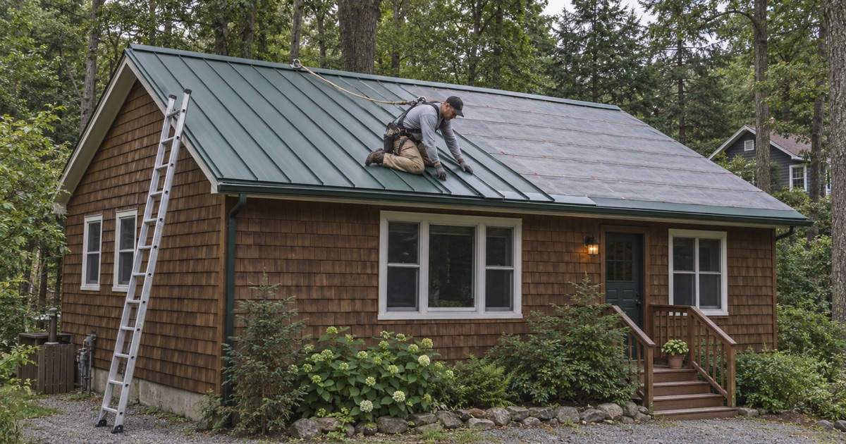 Dark green steel roof panels being seamed on the low-pitch roof of a year-round cottage in Parsippany’s Rainbow Lakes section.