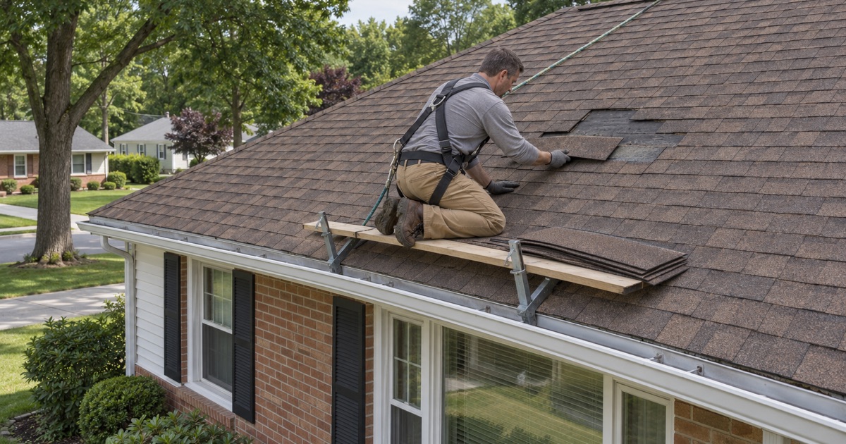 A replacement shingle slid into a gap among weathered shingles on a ranch house in Parsippany’s Lake Hiawatha section.