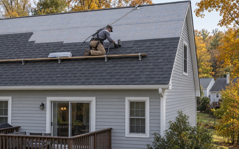A coil nailer setting new shingles on the rear slope of a Parsippany colonial, finished courses below and underlayment above.