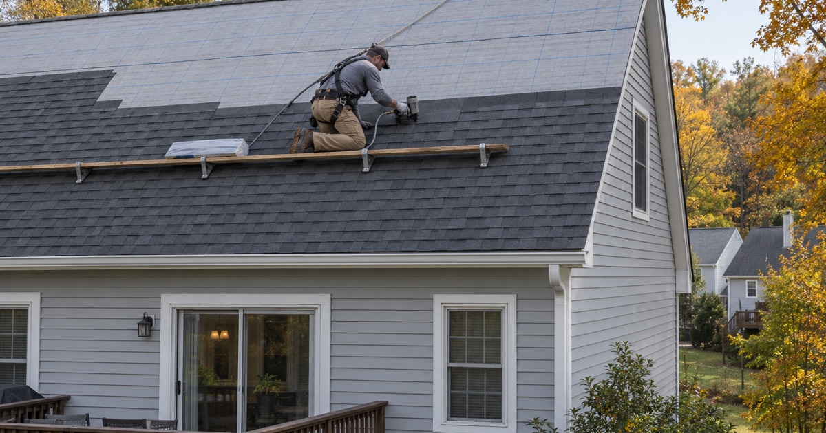A coil nailer setting new shingles on the rear slope of a Parsippany colonial, finished courses below and underlayment above.