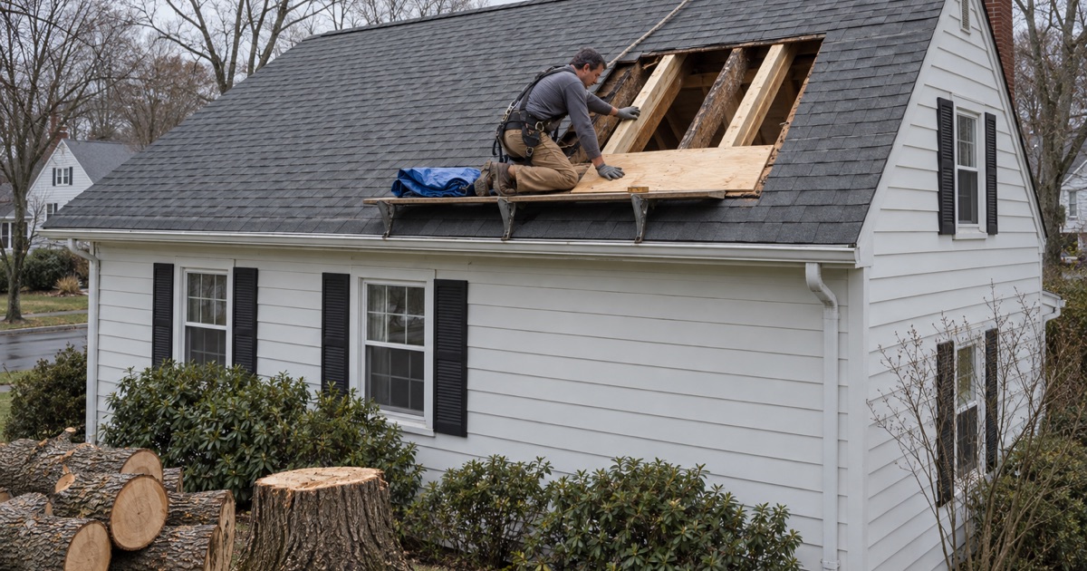 Cracked rafters sistered with new lumber where a tree came through the roof of a Cedar Grove colonial.