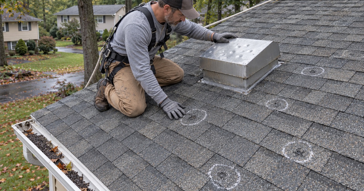 Hail bruises circled in chalk and a dented roof vent checked on a Denville split-level after a hail report.