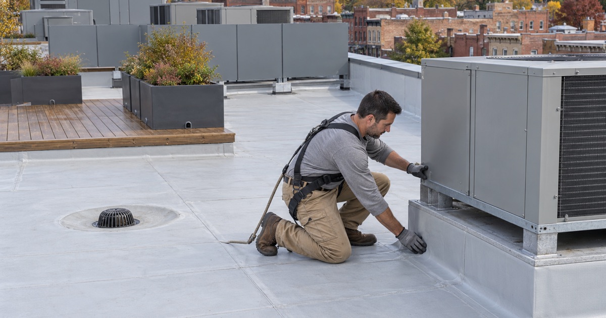 Membrane flashing pressed up an equipment curb on a crowded apartment-building roof in downtown Dover.