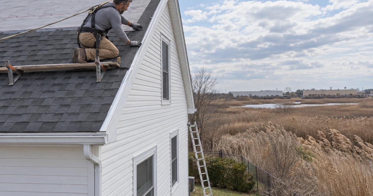 A starter strip laid up the rake of an East Rutherford two-family whose gable faces open marsh, the wind-exposed edge.