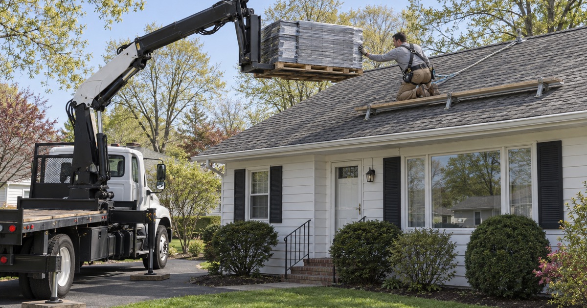 A low truck boom setting a pallet of shingle bundles on the roof of a Whippany ranch in Hanover Township, the sky clear of aircraft.