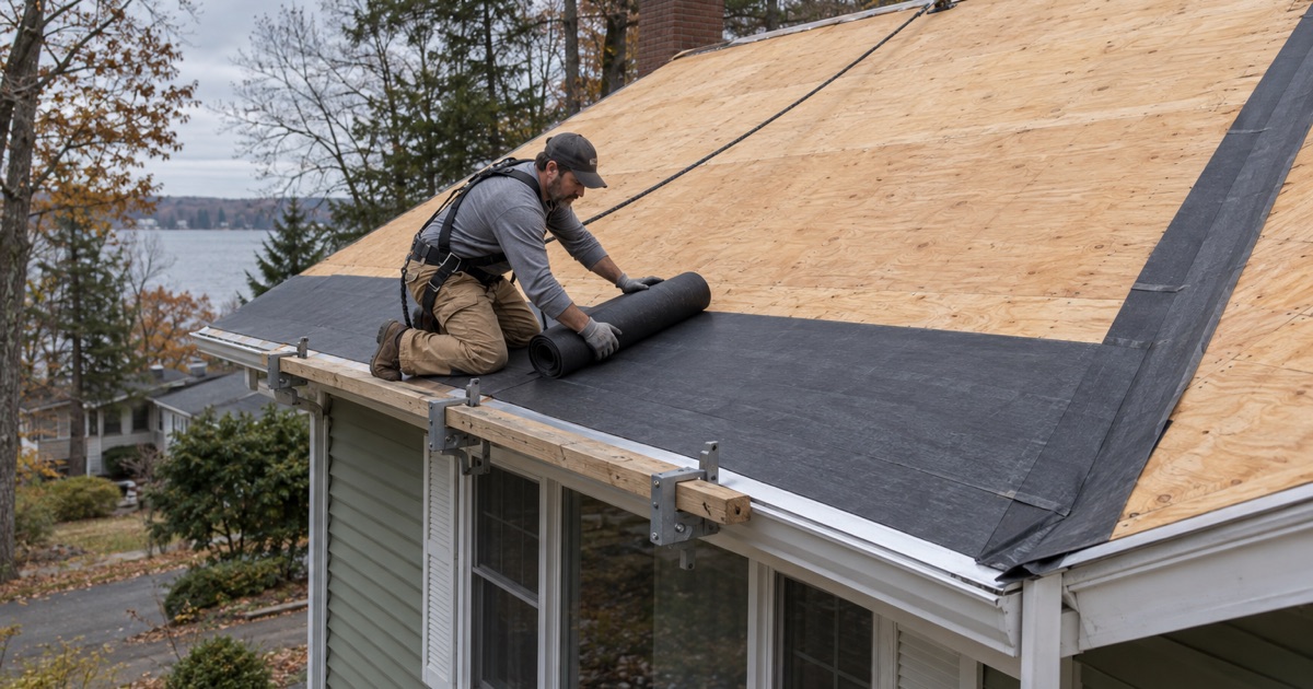A self-adhered ice barrier laid along the eave of a Hopatcong lake bungalow, the Sussex County detail done at tear-off.