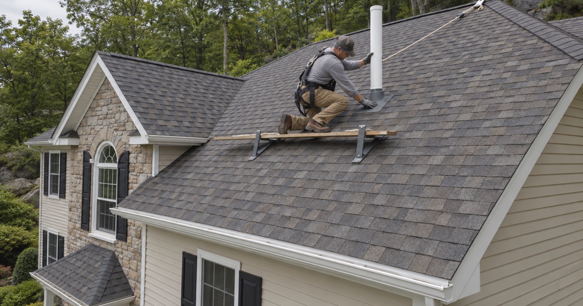 A new pipe boot flashed around a radon vent stack during a re-roof on a wooded Kinnelon colonial.