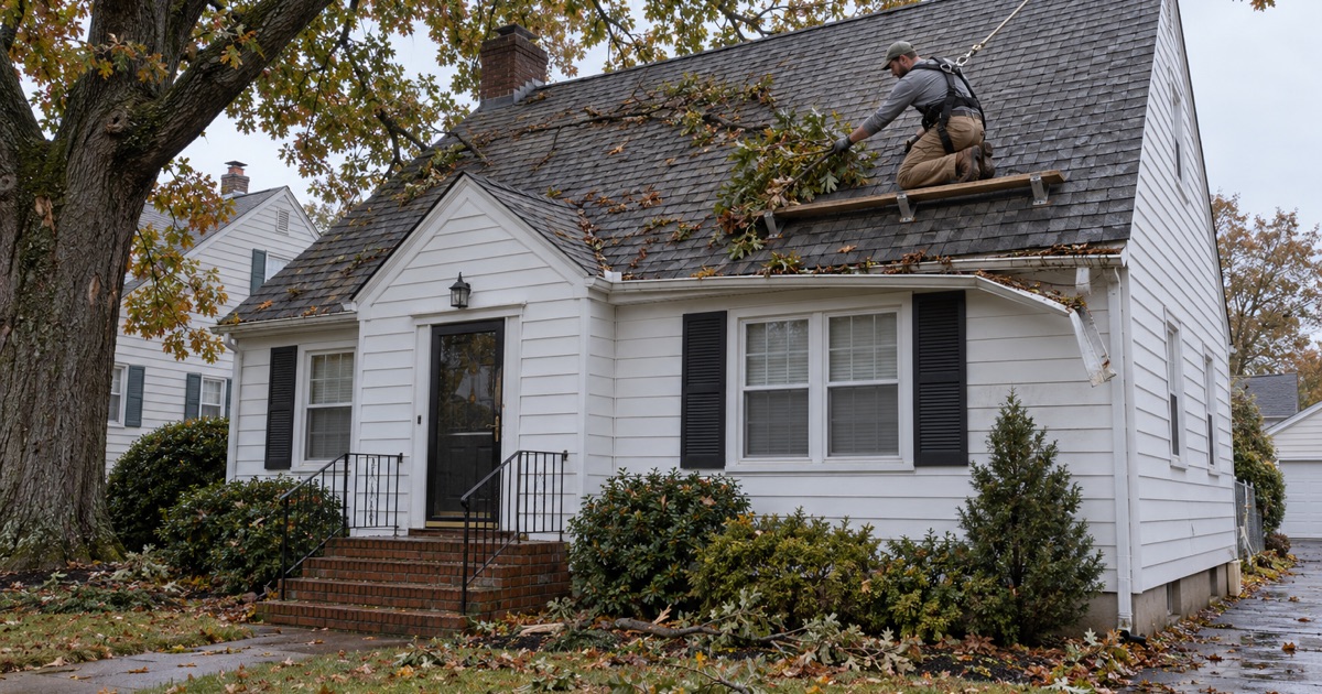 Wind-broken branches cleared from the shingles of a postwar Oakland house after high wind, the cracked tab where one struck