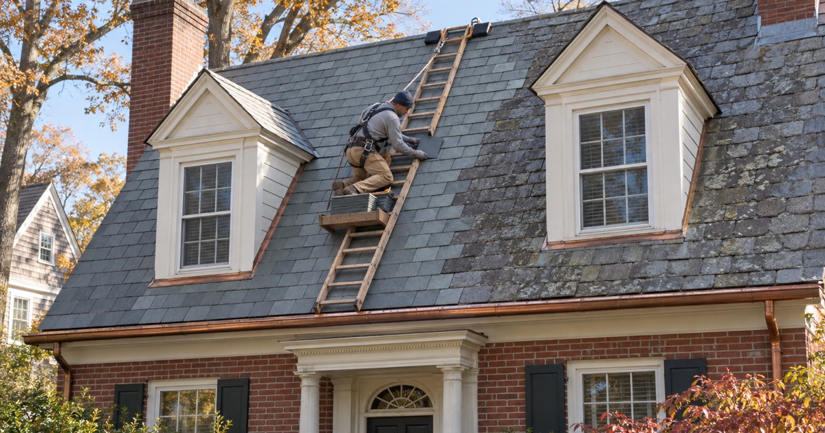 New gray-green slate laid course by course on the steep roof of a prewar Colonial Revival house in South Orange.