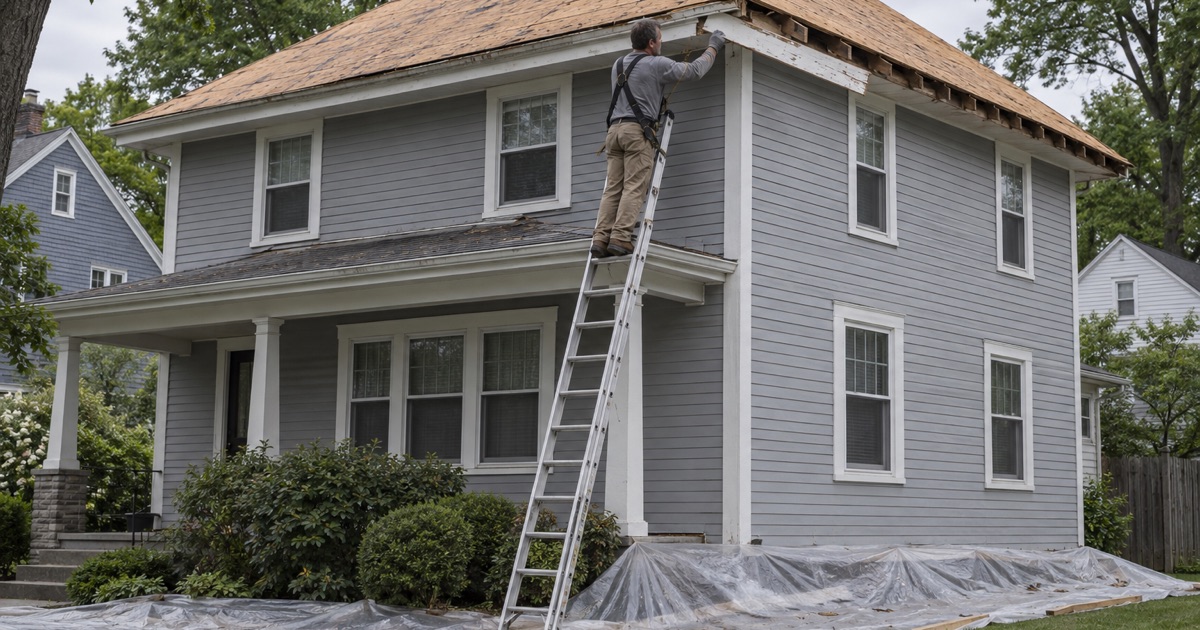 An old painted fascia board eased off over plastic sheeting during a re-roof of a prewar Verona foursquare.