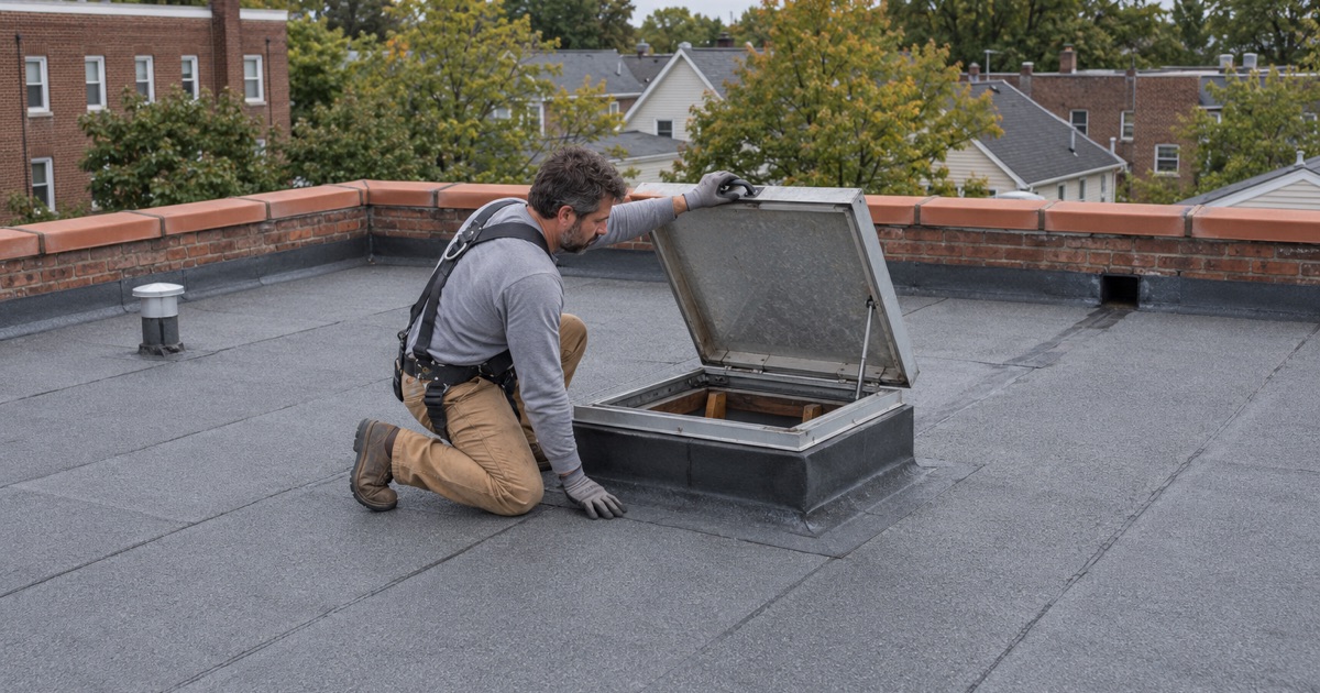 The new flat roof of a Wallington apartment building, its roof hatch closed after the work, the kind of roof rent rules reach.