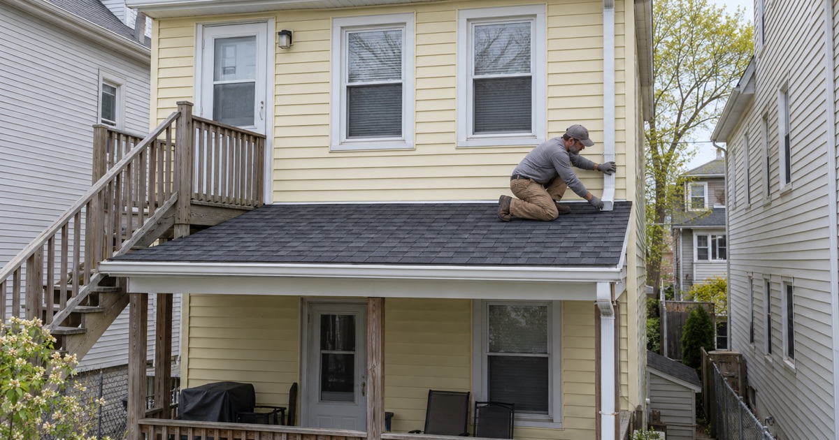 New gutters and leaders on the rear of a Woodland Park two-family, the roof items an inspector checks at sale or rental