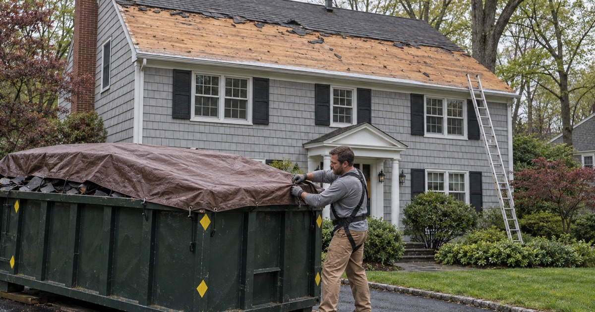 A roll-off container of torn-off shingles tarped over in a Wyckoff driveway, covered as the township requires.